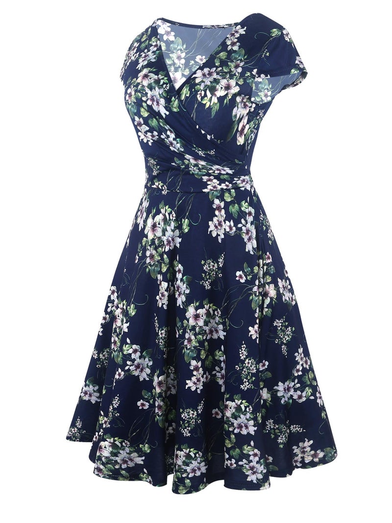 oxiuly Women's Criss-Cross V-Neck Cap Half Sleeve Floral Casual Work Party Tea Swing Dress OX233 (2XL, Blue Green F) - Image 3